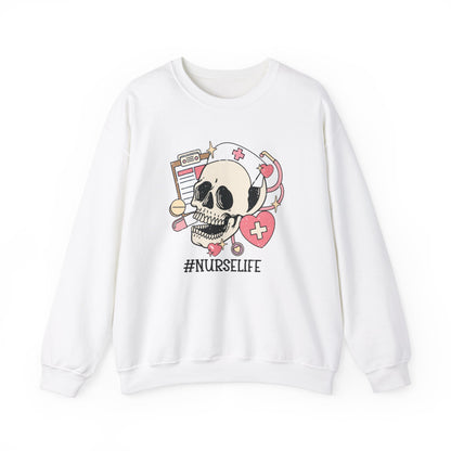 Halloween Nurse Sweatshirt,  Funny Spooky Skull Graphic Shirt, Spooky Season Sweater, Fall Season, Autumn Style Sweatshirt Sweatshirt Printify S White 