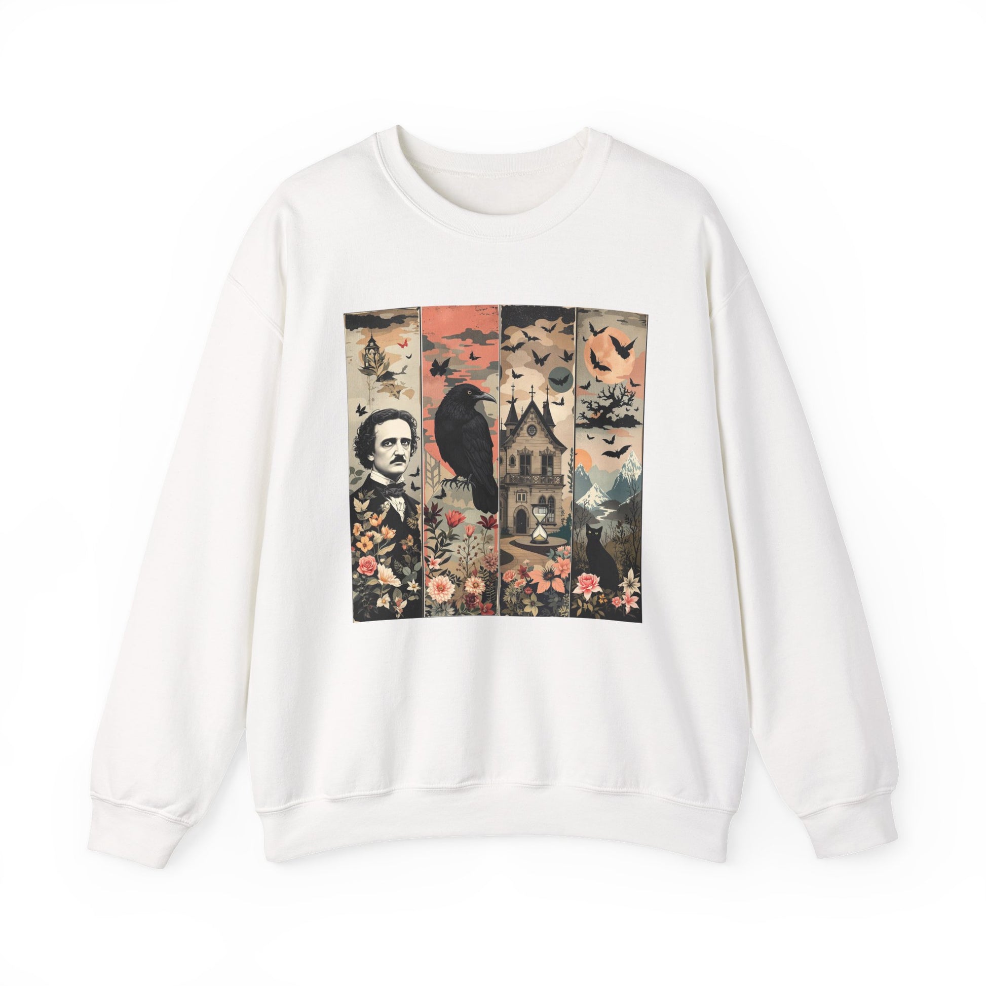 Edgar Allan Poe Sweatshirt The Raven Nevermore Gothic Horror Sweater Dark Academia Macabre Halloween Gift for Book Lovers Birthday Christmas Sweatshirt Printify White S