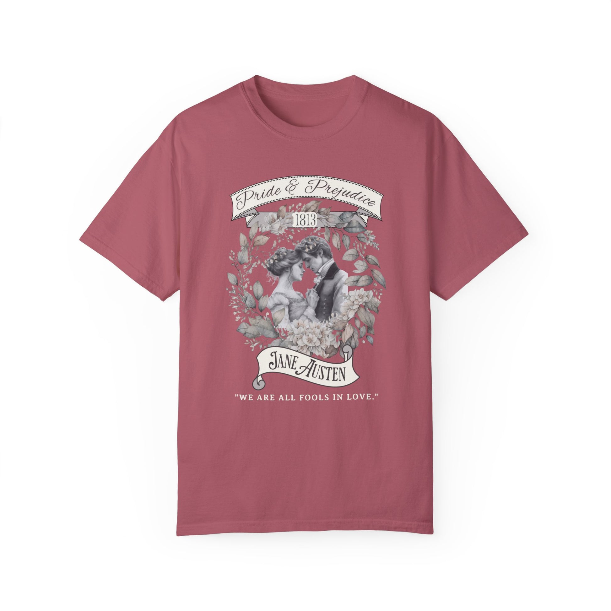 Jane Austen TShirt, Pride & Prejudice Historical Romance Comfort Colors, Bookish Literary Jane Austen Fan Art Gift, Oversized Bookclub Shirt T-Shirt Printify Crimson S 