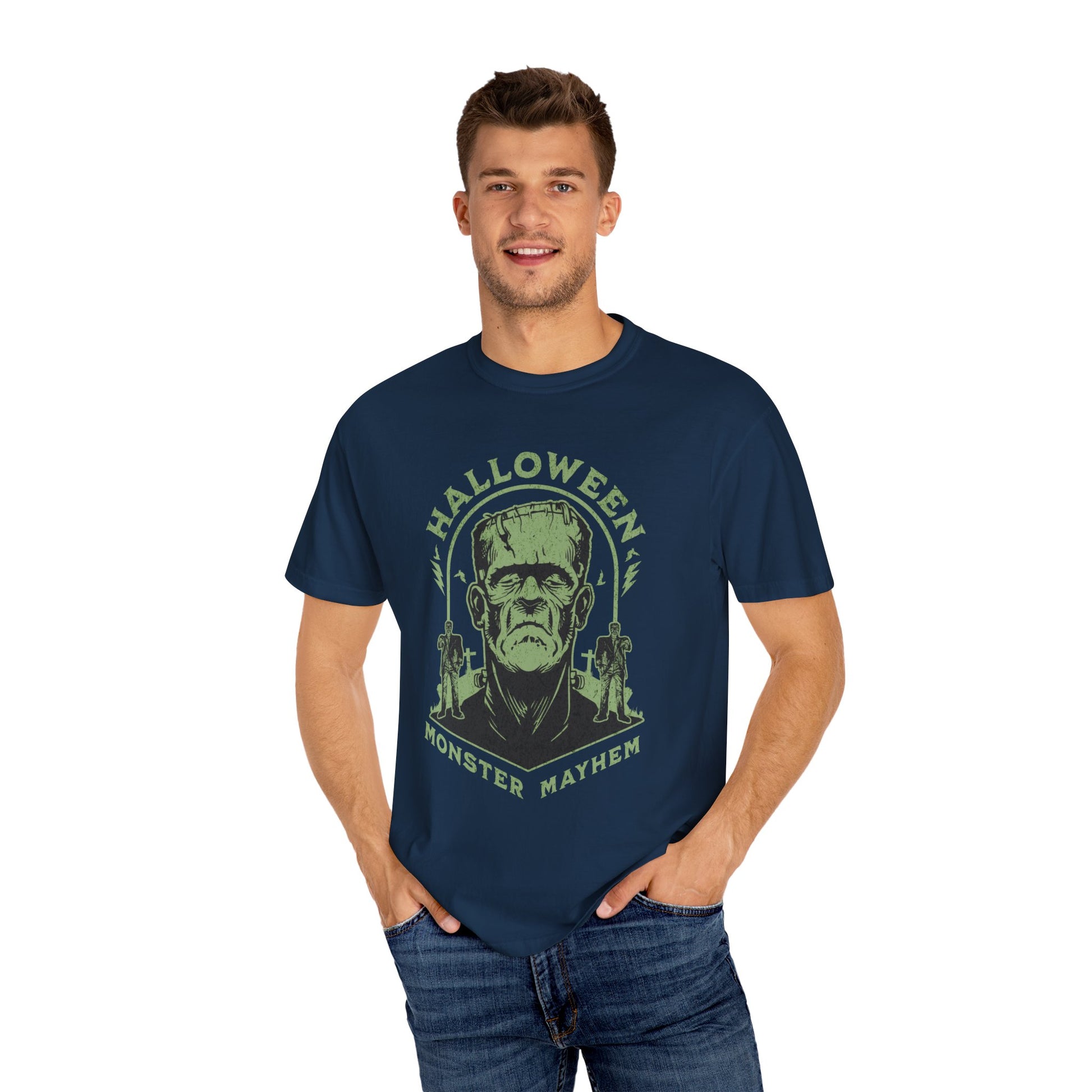 Vintage Halloween Frankenstein Monster Graphic Tee, Creepy Spooky Book Lover Gift, Horror Movie, Fall Festival Party Comfort Colors T Shirt. T-Shirt Printify   