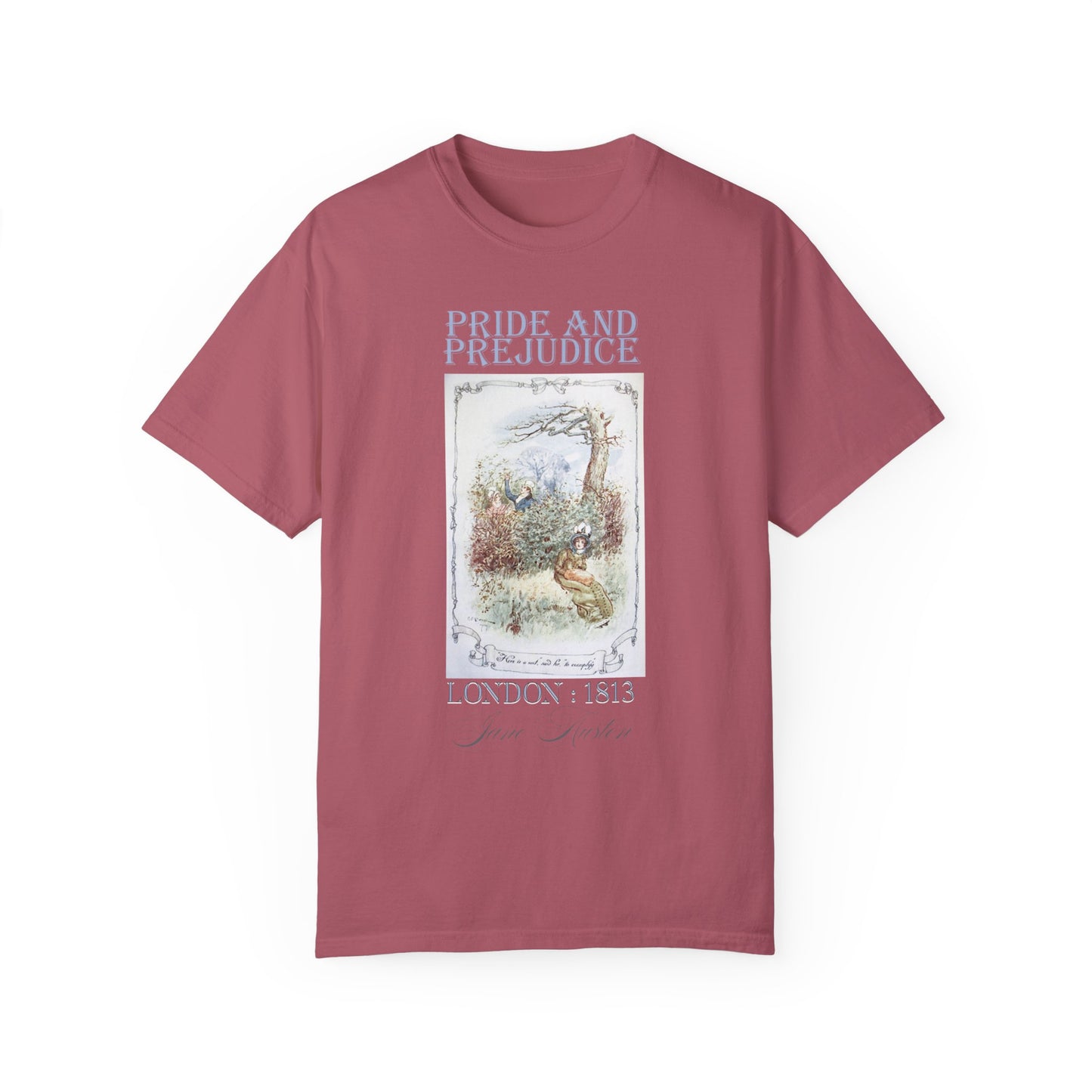 Jane Austen Comfort Colors TShirt, Pride & Prejudice Historical Romance, Bookish Literary Jane Austen Fan Art Gift for Her Bookclub Tee T-Shirt Printify Crimson S 