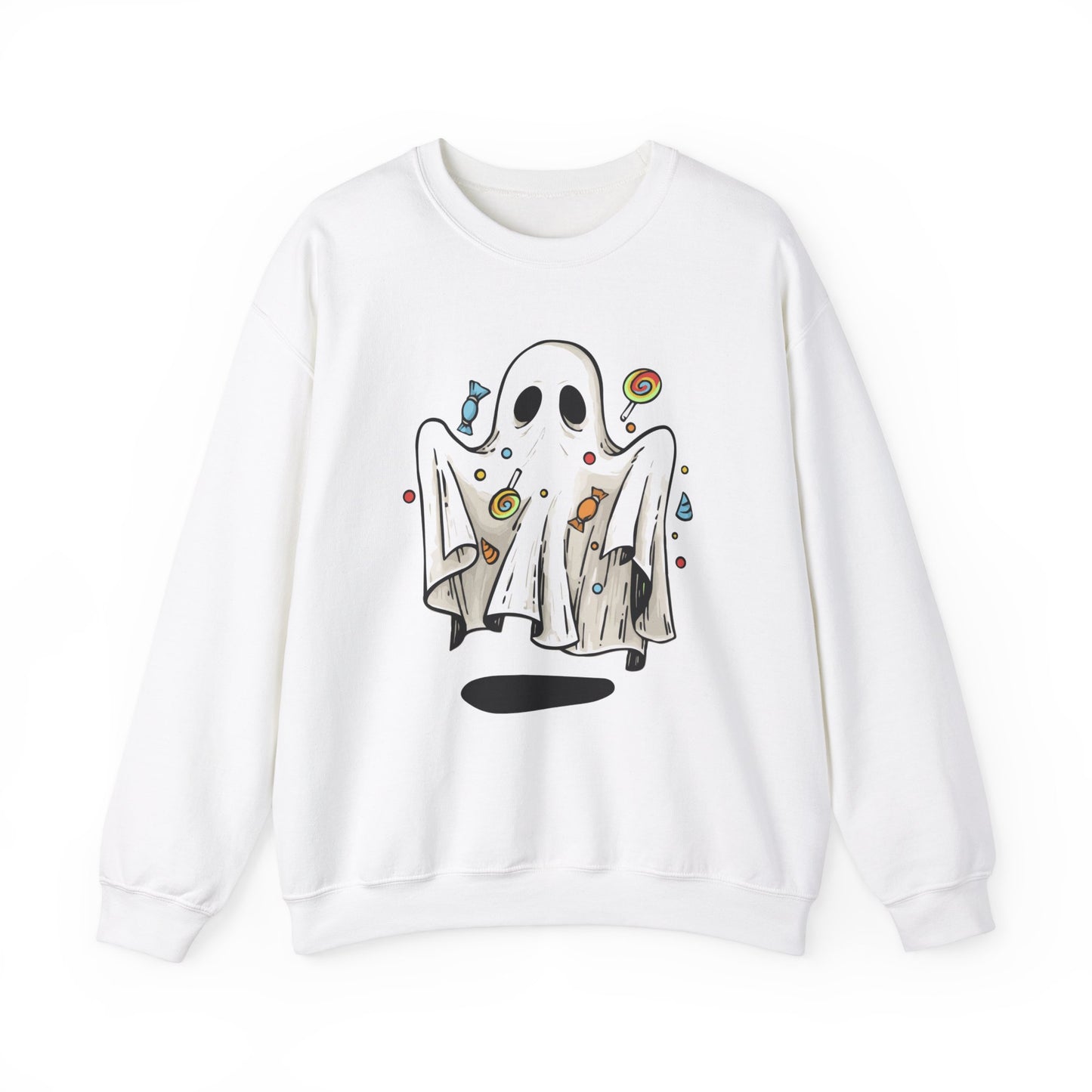 Cute Halloween Ghost Floating, Covered in Candy Sweatshirt, Trick or Treat Shirt, Spooky Ghost Season, Fun Halloween Party, Festival Sweater Sweatshirt Printify S White 