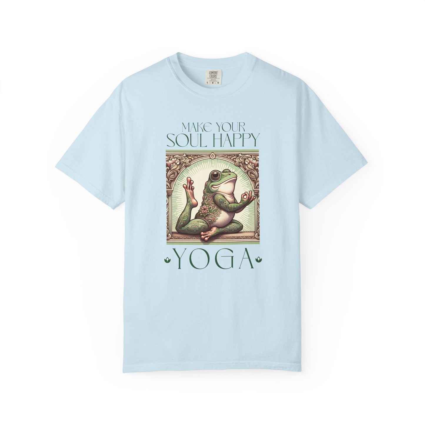 Green Yoga Frog Make Your Soul Happy Unisex T-Shirt, Casual Wear, Highlander Fan Gift, T-Shirt Printify Chambray S