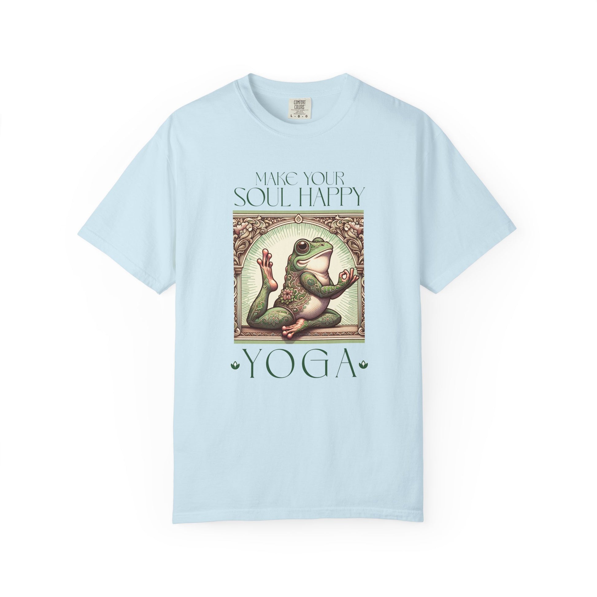 Green Yoga Frog Make Your Soul Happy Unisex T-Shirt, Casual Wear, Highlander Fan Gift, T-Shirt Printify Chambray S