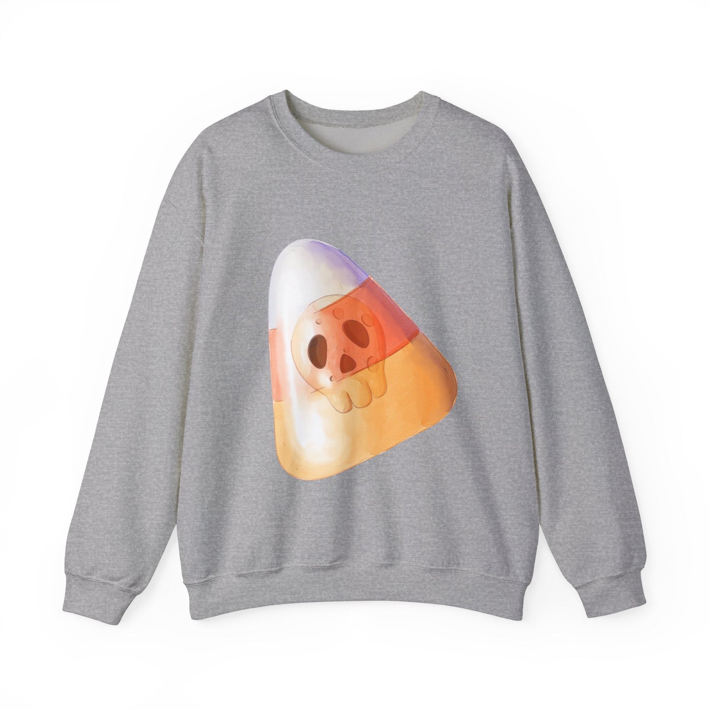 Halloween Candy Corn With Skull Face Sweatshirt, Trick or Treat Shirt, Spooky Ghost Season, Fun Halloween Fall Festival Party Sweater Sweatshirt Printify S Sport Grey 