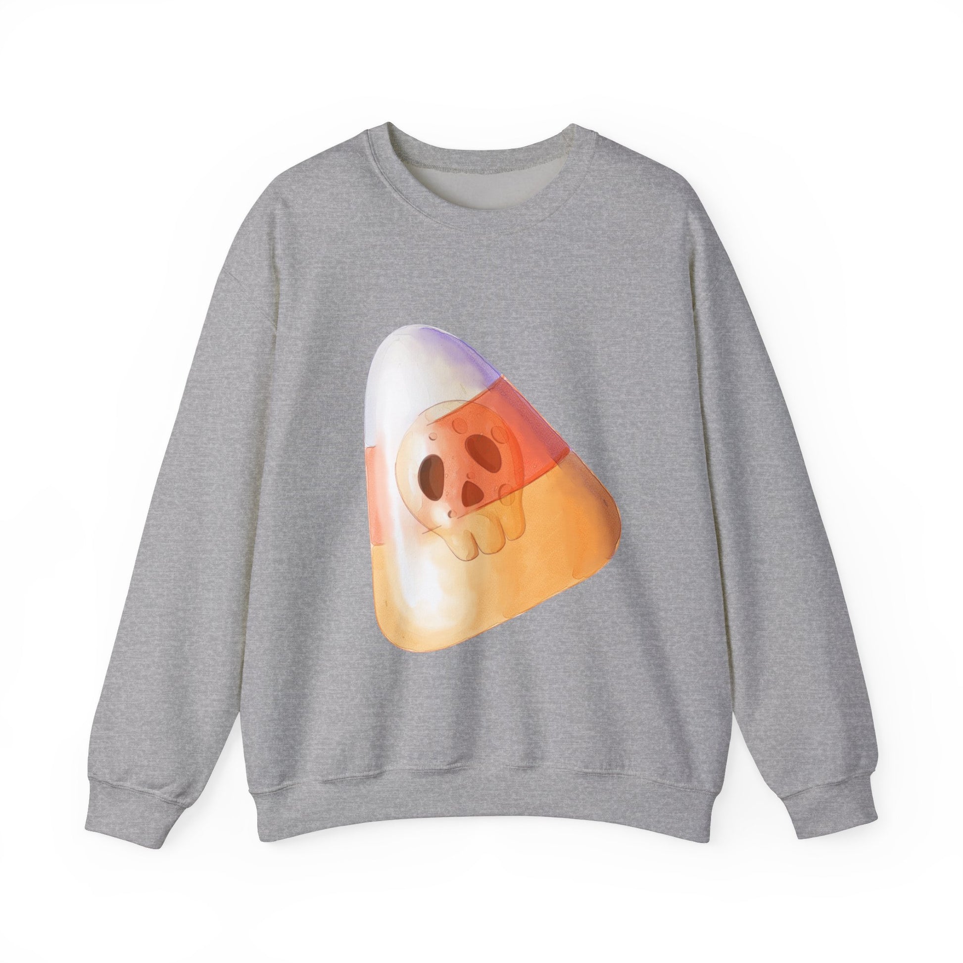 Halloween Candy Corn With Skull Face Sweatshirt, Trick or Treat Shirt, Spooky Ghost Season, Fun Halloween Fall Festival Party Sweater Sweatshirt Printify S Sport Grey 