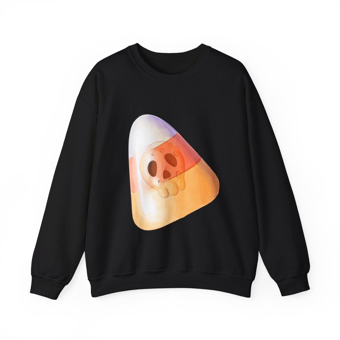 Halloween Candy Corn With Skull Face Sweatshirt, Trick or Treat Shirt, Spooky Ghost Season, Fun Halloween Fall Festival Party Sweater Sweatshirt Printify S Black 