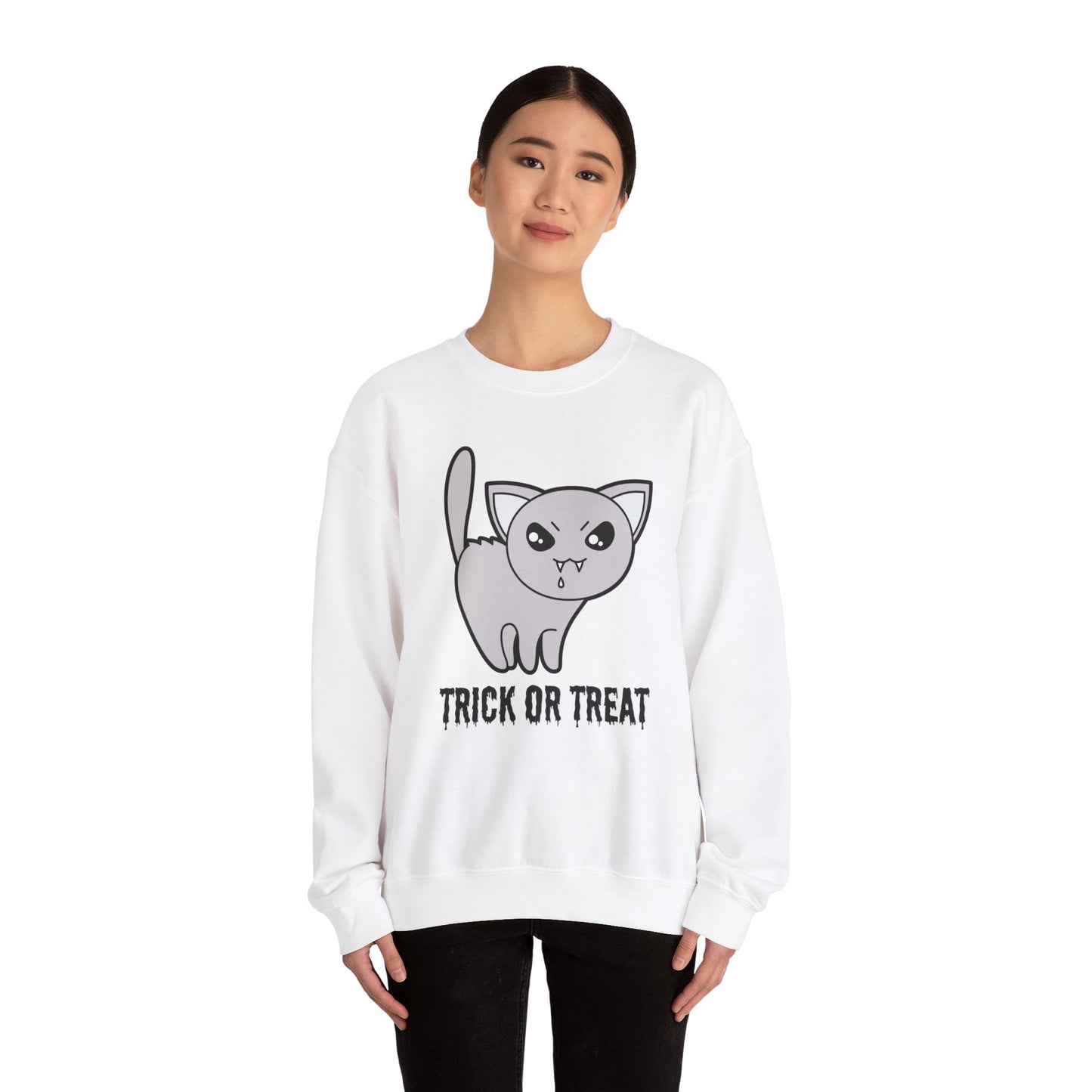 Cute Halloween Vampire Cat Sweatshirt, Trick or Treat Shirt, Spooky Ghost Season, Fun Halloween Fall, Festival Sweatshirt Sweatshirt Printify   