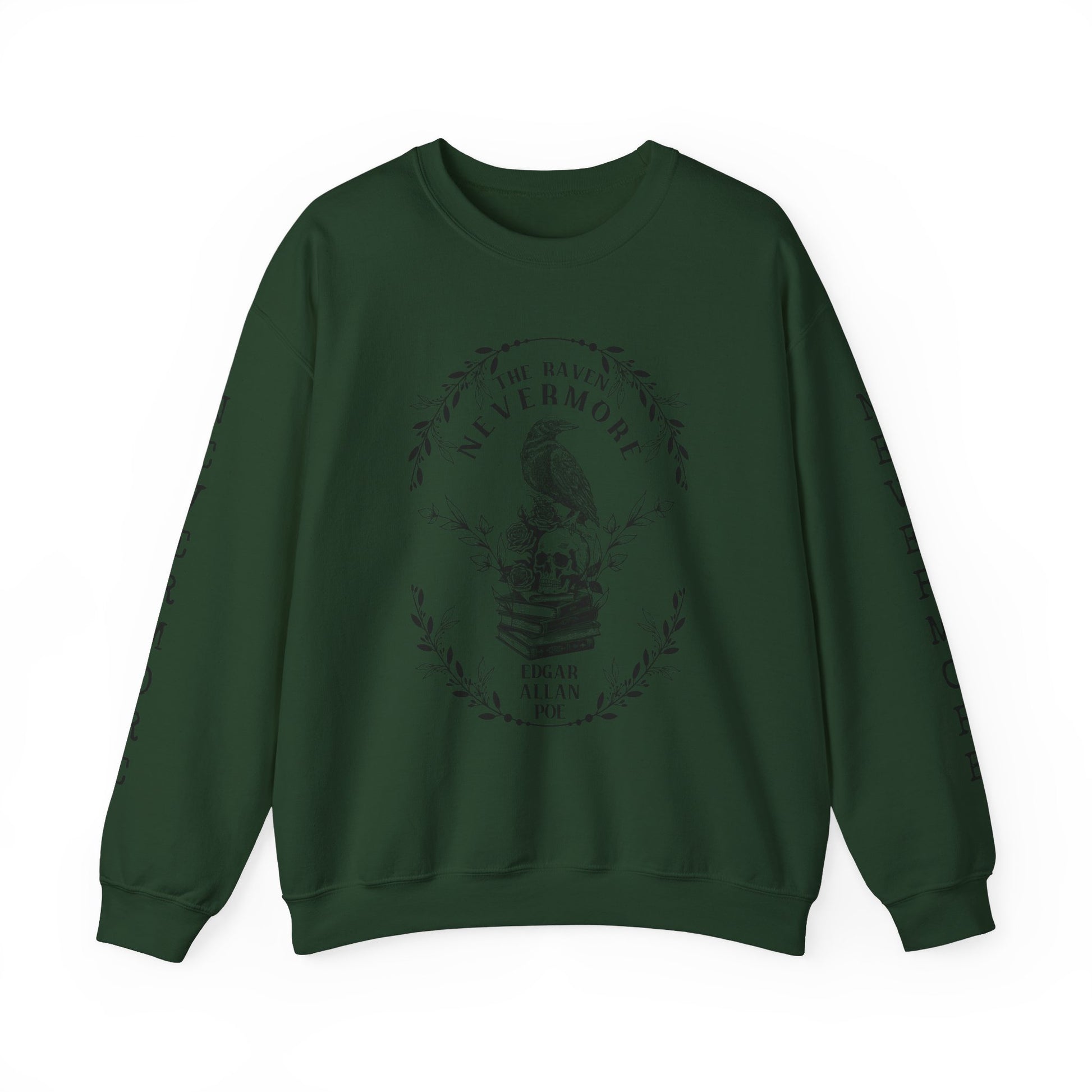 Edgar Allan Poe, Nevermore The Raven Sweatshirt, Book Lover, Halloween, Haunting Gothic Gift, Light, Dark Academia, Horror Movie Sweater Sweatshirt Printify S Forest Green 