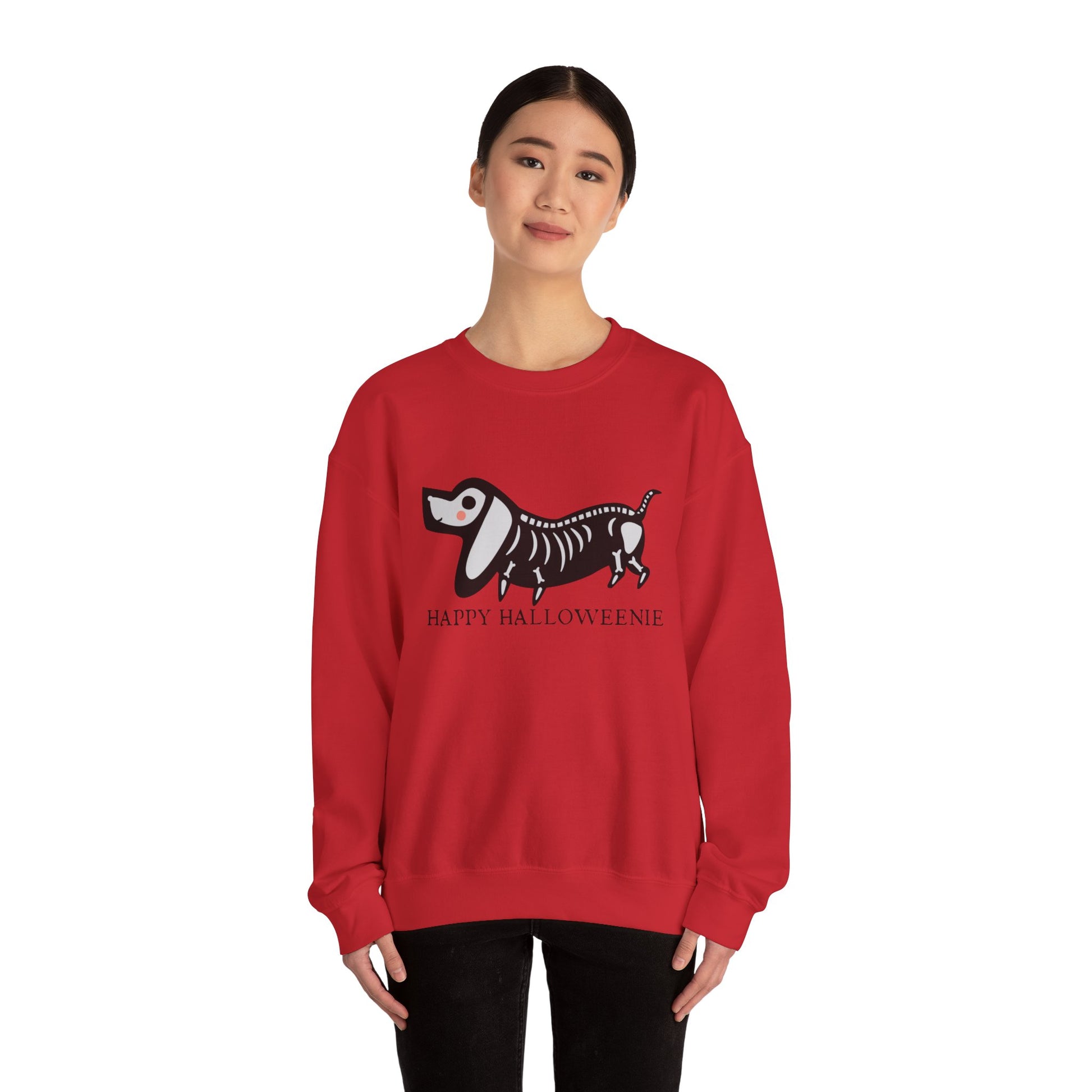 Funny Halloween Dachshund Lover Sweatshirt, Skeleton Dachshund Walking Graphic, Trick or Treat Shirt, Spooky Season, Happy Halloweenie Top Sweatshirt Printify   