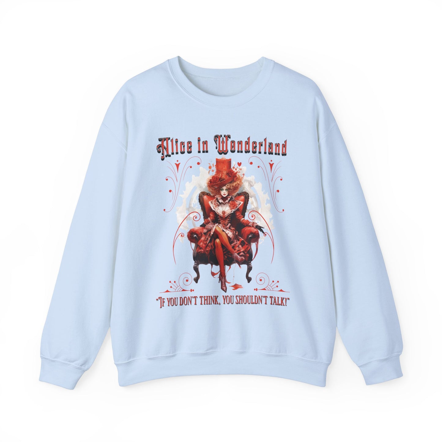 Queen of Hearts Sweatshirt, Alice In Wonderland Lewis Carroll Whimsigoth Academia Sweater Mad Hatter Tea Party Tee Bookish Booktok Gift Sweatshirt Printify S Light Blue 