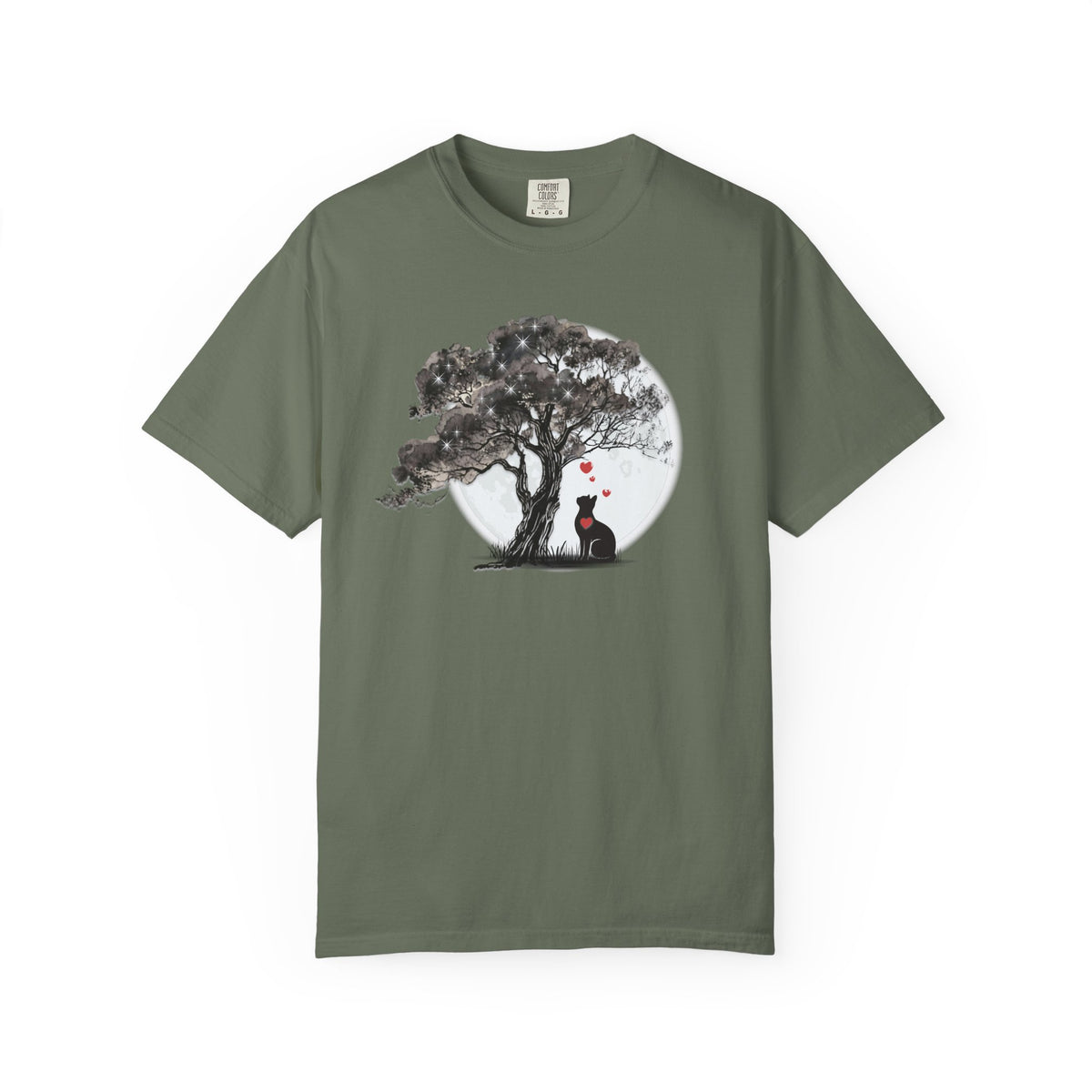 TREE MOON PET Black Dog Under Tree with Red Ball T-shirt | Dog Silhouette Nature Tee