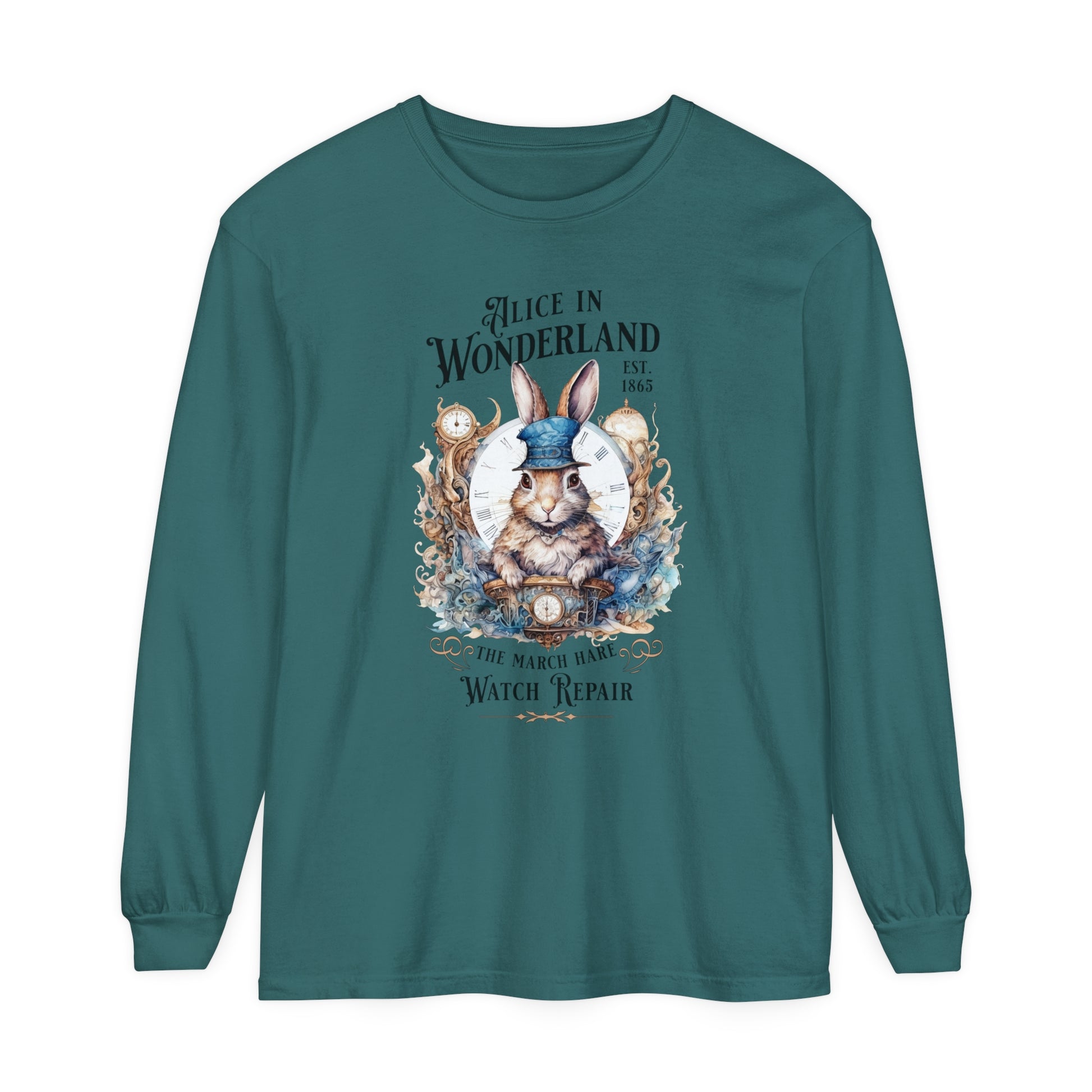 Alice in Wonderland Long Sleeve Shirt, Lewis Carroll Dark Academia TShirt, Mad Hatter Tea Party March Hare White Rabbit Bookish Booktok Gift Long-sleeve Printify Blue Spruce S 