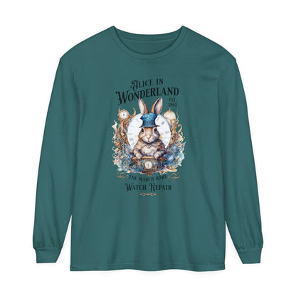 Alice in Wonderland Long Sleeve Shirt, Lewis Carroll Dark Academia TShirt, Mad Hatter Tea Party March Hare White Rabbit Bookish Booktok Gift Long-sleeve Printify Blue Spruce S 