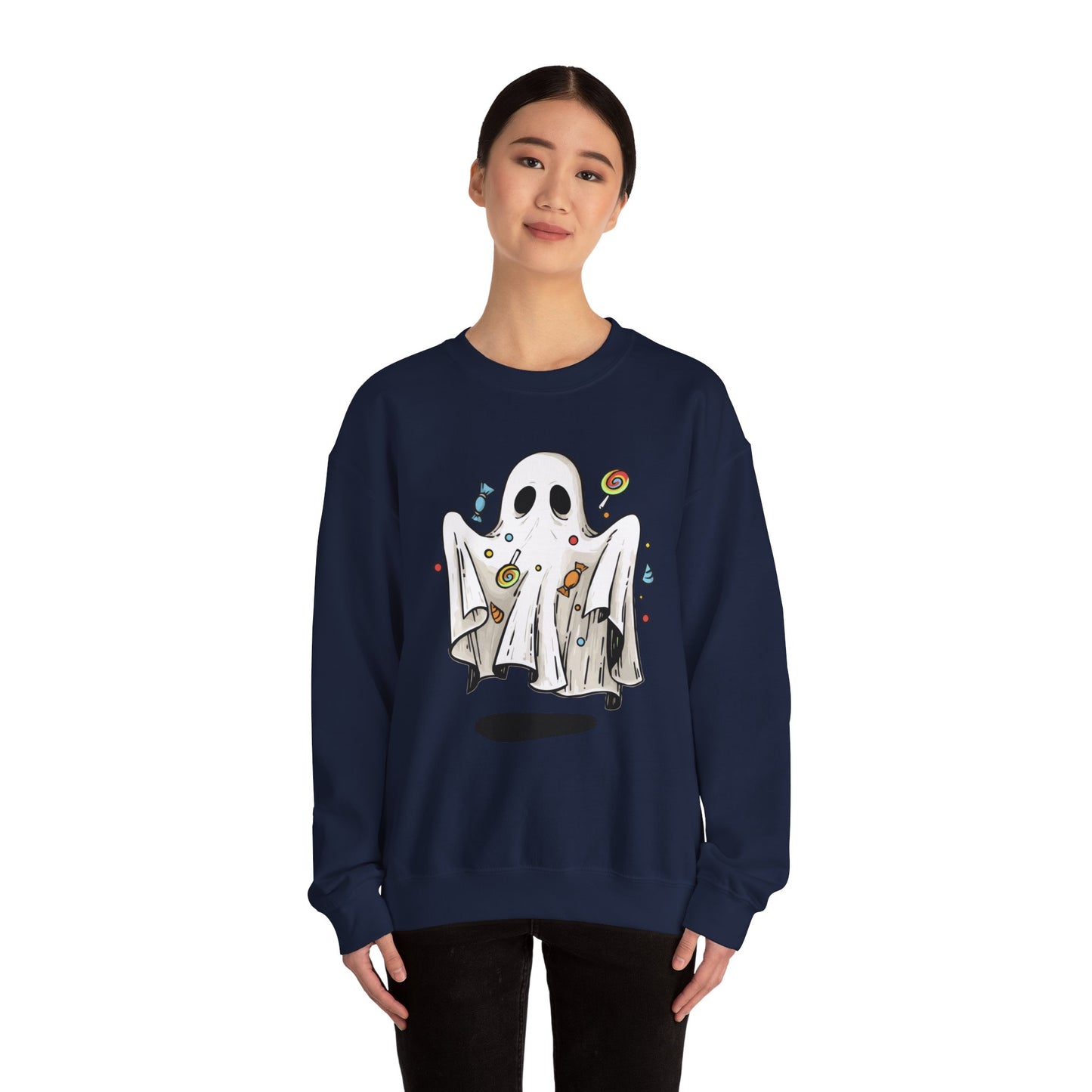 Cute Halloween Ghost Floating, Covered in Candy Sweatshirt, Trick or Treat Shirt, Spooky Ghost Season, Fun Halloween Party, Festival Sweater Sweatshirt Printify   