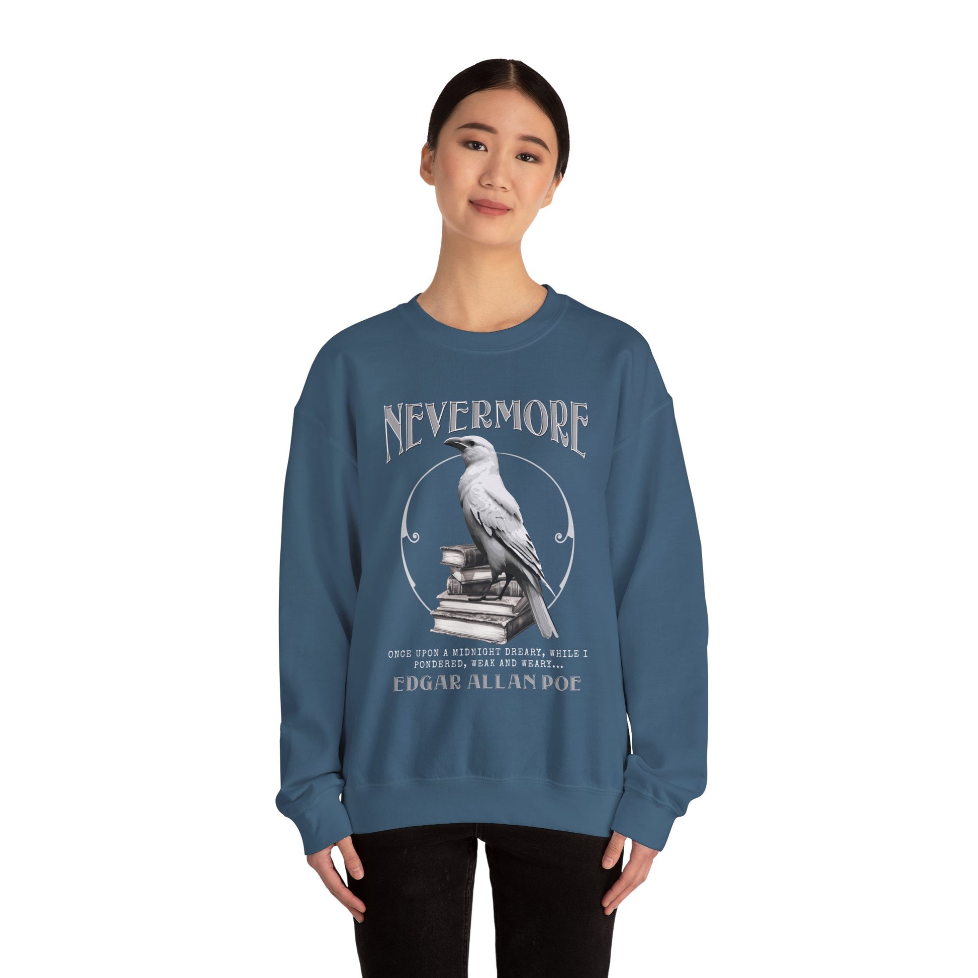 The White Raven Edgar Allan Poe Nevermore Sweatshirt Book Lover Halloween Haunting Gothic Gift Light Dark Academia Horror Movie Bookclub Sweater Sweatshirt Printify   