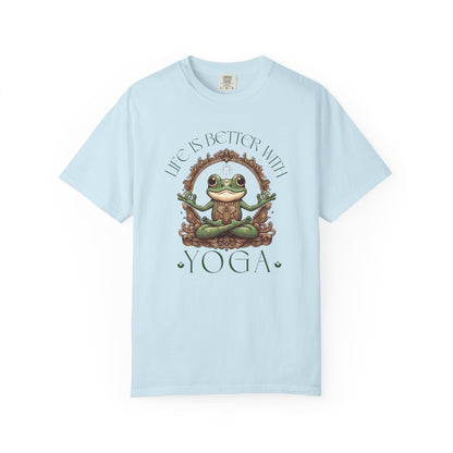 Green Yoga Frog Life Is Better With Yoga Unisex T-Shirt, Casual Wear, Highlander Fan Gift, T-Shirt Printify Chambray S