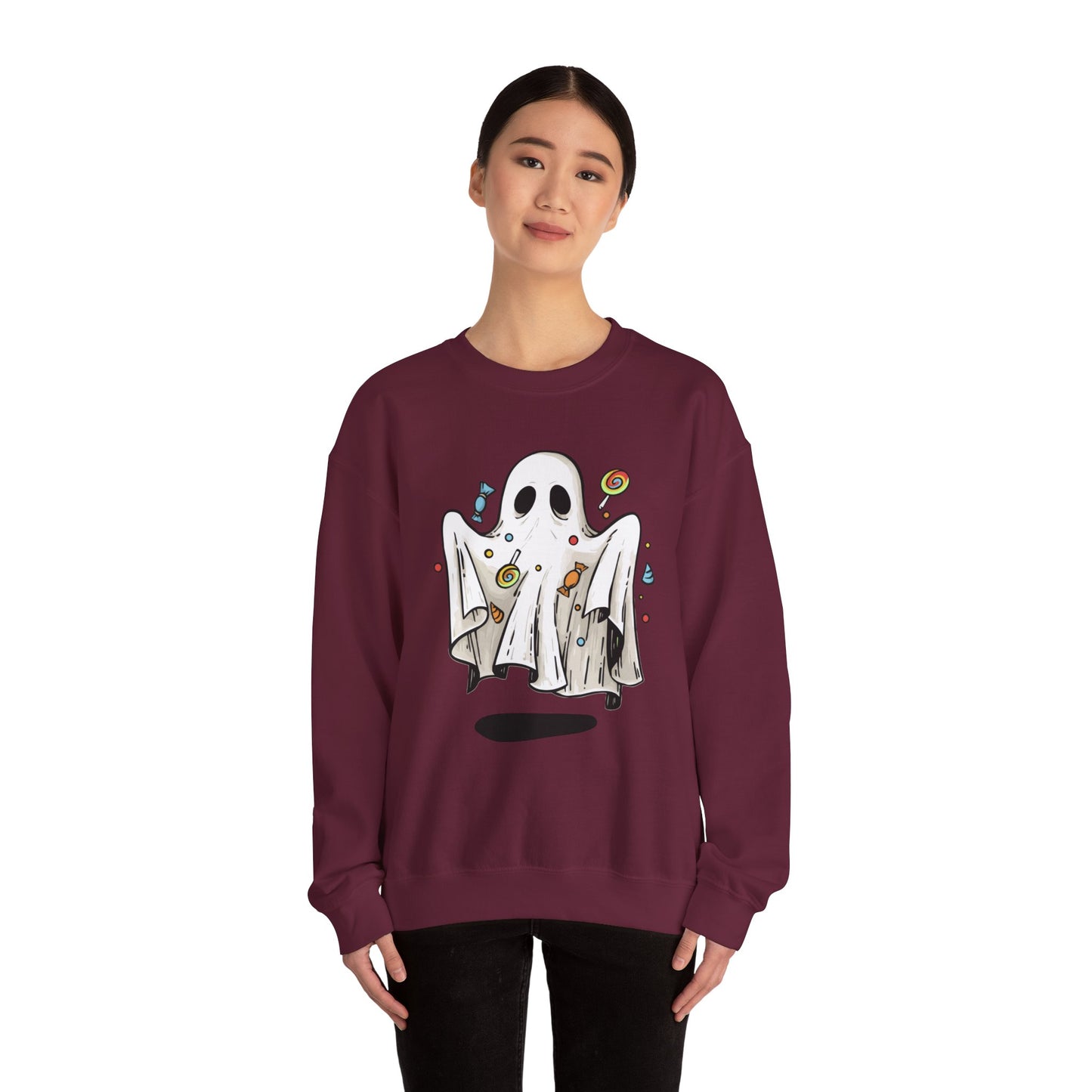 Cute Halloween Ghost Floating, Covered in Candy Sweatshirt, Trick or Treat Shirt, Spooky Ghost Season, Fun Halloween Party, Festival Sweater Sweatshirt Printify   