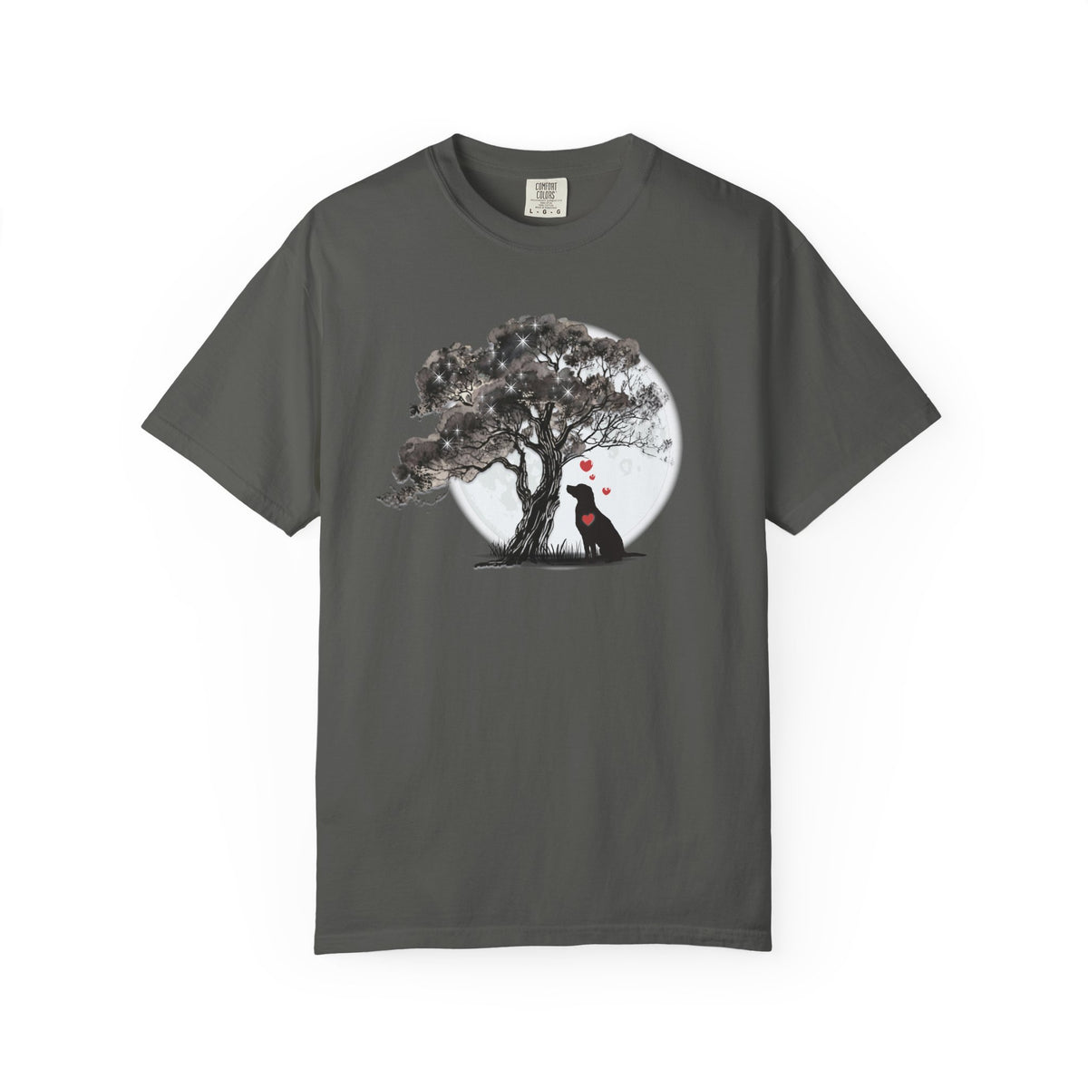 TREE MOON PET Black Dog Under Tree with Red Ball T-shirt | Dog Silhouette Nature Tee