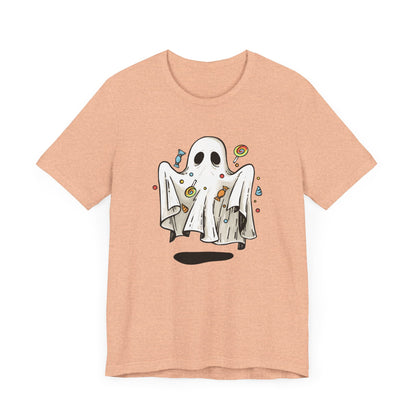 Cute Halloween Ghost Floating, Covered in Candy TShirt, Trick or Treat Shirt, Spooky Ghost Season Tee, Fun Halloween Party, Festival T-Shirt T-Shirt Printify   