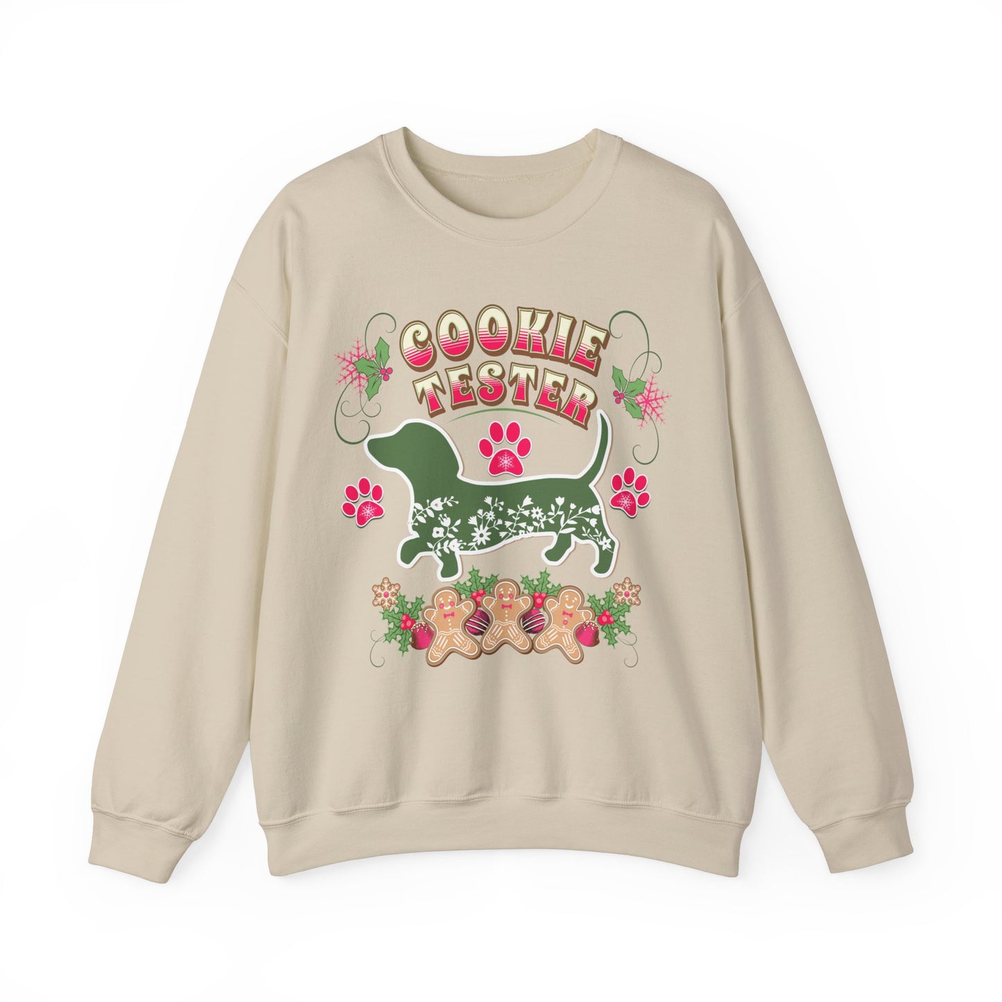 Christmas Dachshund Lover Baking Sweatshirt, Doxie Cookie Tester XMas T-Shirt, Dog Lover Shirt, Matching Family Christmas Cookie Baking Gift Sweatshirt Printify S Sand 