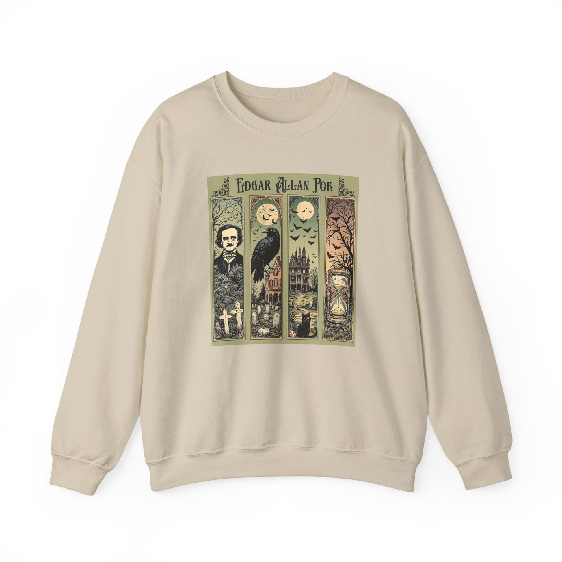 Edgar Allan Poe Sweatshirt The Raven Nevermore Gothic Horror Sweater Dark Academia Macabre Halloween Gift for Book Lovers Birthday Christmas Sweatshirt Printify Sand S