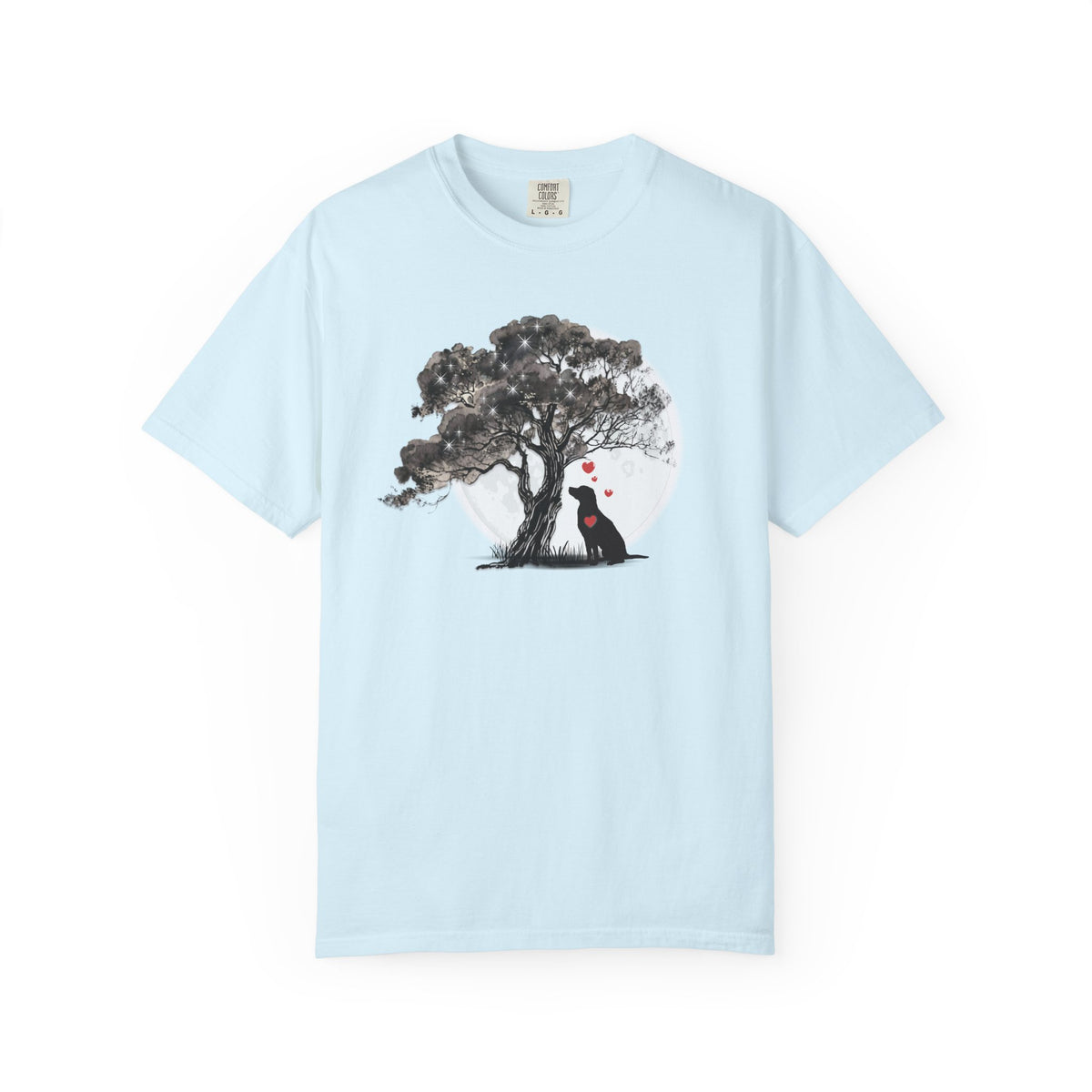 TREE MOON PET Black Dog Under Tree with Red Ball T-shirt | Dog Silhouette Nature Tee