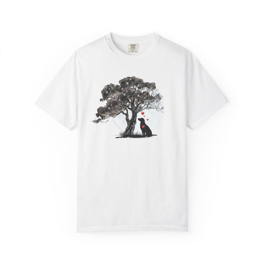 TREE MOON PET Black Dog Under Tree with Red Ball T-shirt | Dog Silhouette Nature Tee