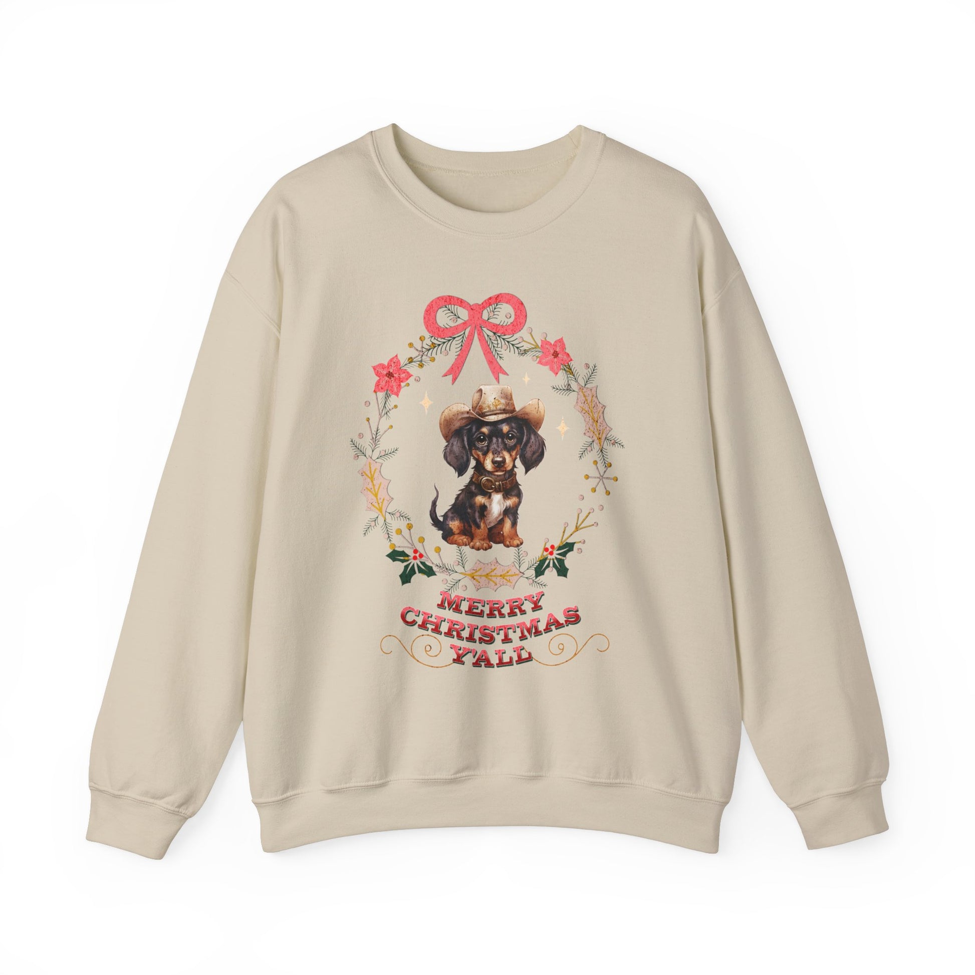 Western Dachshund Wiener Christmas Sweatshirt, Doxie Lover Gift Cowgirl Country Southern Rodeo Christmas Sweater, Animal Lover Farm Life Git Sweatshirt Printify S Sand 