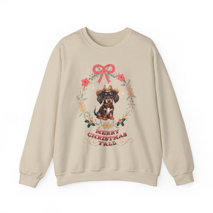 Western Dachshund Wiener Christmas Sweatshirt, Doxie Lover Gift Cowgirl Country Southern Rodeo Christmas Sweater, Animal Lover Farm Life Git Sweatshirt Printify S Sand 