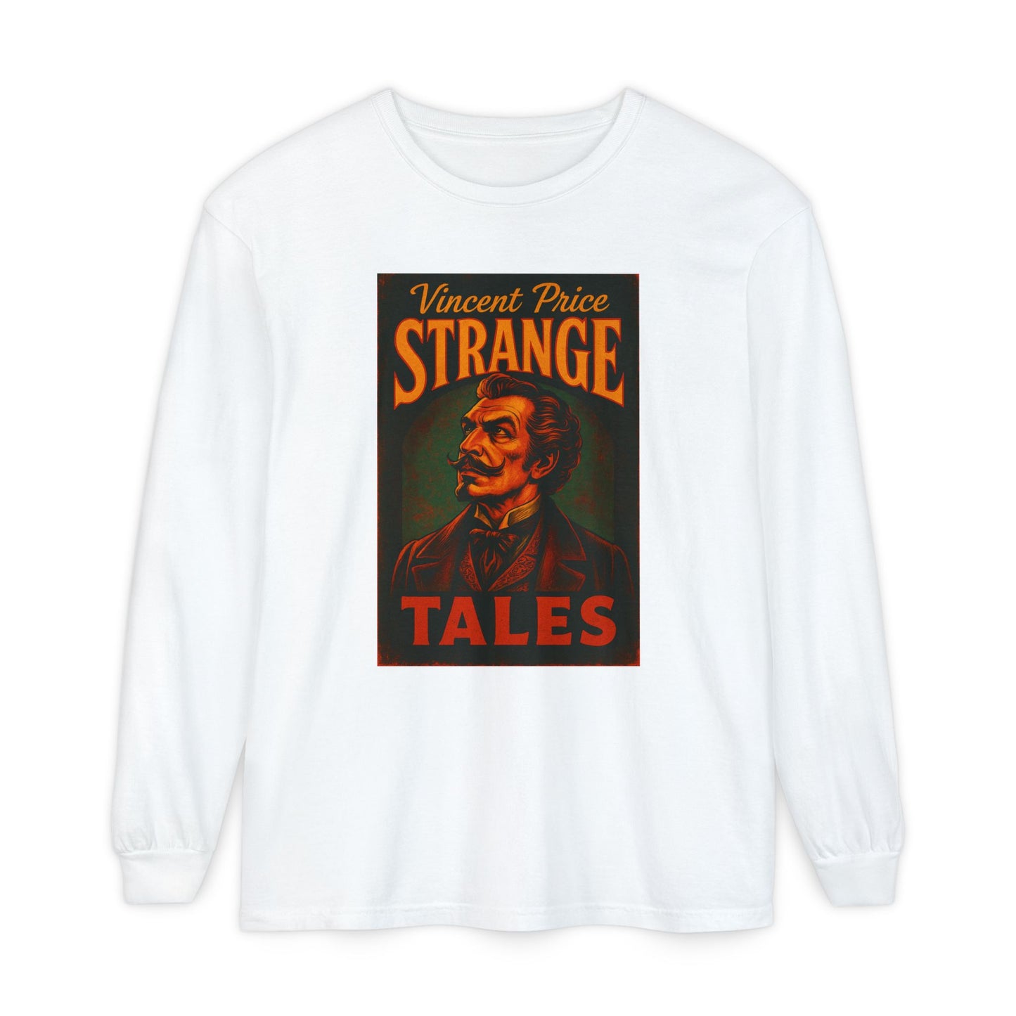 Vincent Price Strange Tales Long Sleeve T-Shirt, Vintage Horror Tee, Gothic Apparel, Halloween Costume, Retro Graphic Shirt Long-sleeve Printify White S