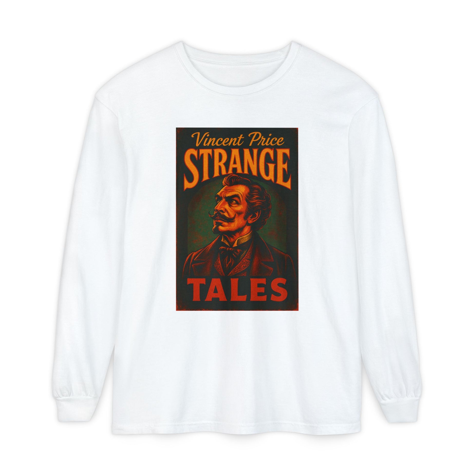 Vincent Price Strange Tales Long Sleeve T-Shirt, Vintage Horror Tee, Gothic Apparel, Halloween Costume, Retro Graphic Shirt Long-sleeve Printify White S