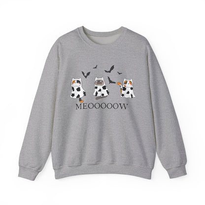 Cute Halloween Cow Ghost Cats Sweatshirt, Cats in Cow Ghost Costumes, Spooky Season Sweater, Halloween Party Shirt, Cat Lover Gift Sweatshirt Printify S Sport Grey 