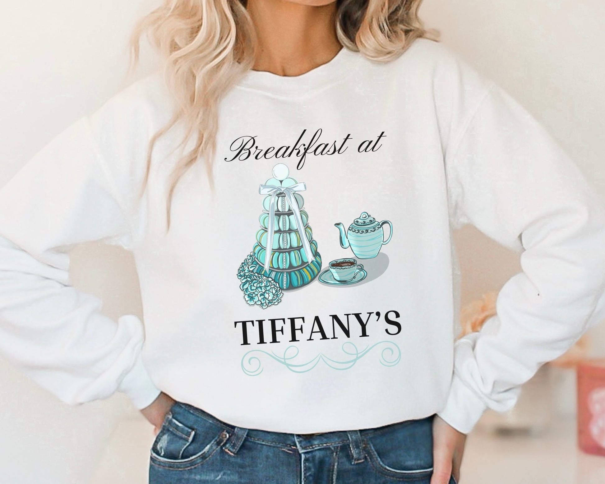 Breakfast at Tiffany's T & Co Sweatshirt , Classic Audrey Crew, Girls Brunching Weekend Sweater, Women's Shirt, Truman Capote Fan Gift Sweatshirt Printify   