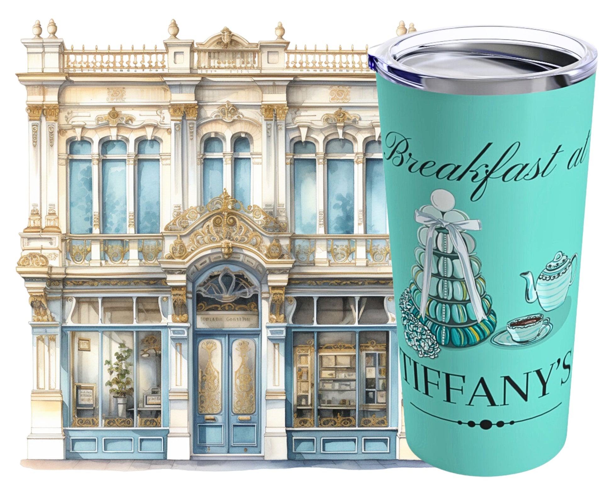 Breakfast at Tiffany's T & Co 20oz Tumbler, Classic Audrey Crew, Girls Brunching Weekend, Holly Golightly Fan Gift For Mom, Book Club Gift Mug Printify   