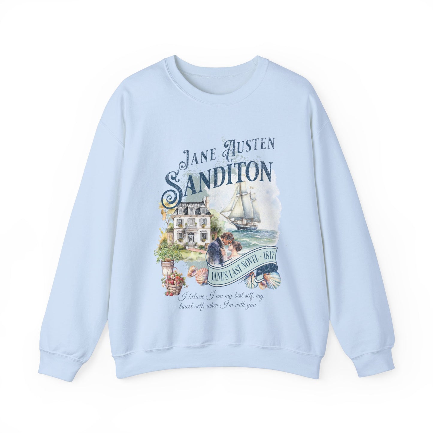 Jane Austen Sweatshirt, Sanditon Historical Romance, Bookish Literary Gift, Jane Austen Fan Art Shirt, Gift for Her, Gift for Readers, Sweatshirt Printify S Light Blue 