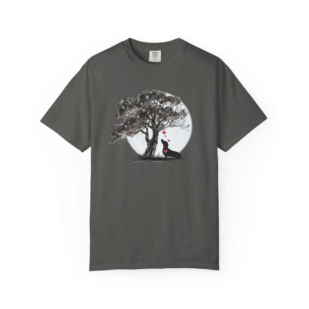 TREE MOON PET Black Dog Under Tree with Red Ball T-shirt | Dog Silhouette Nature Tee