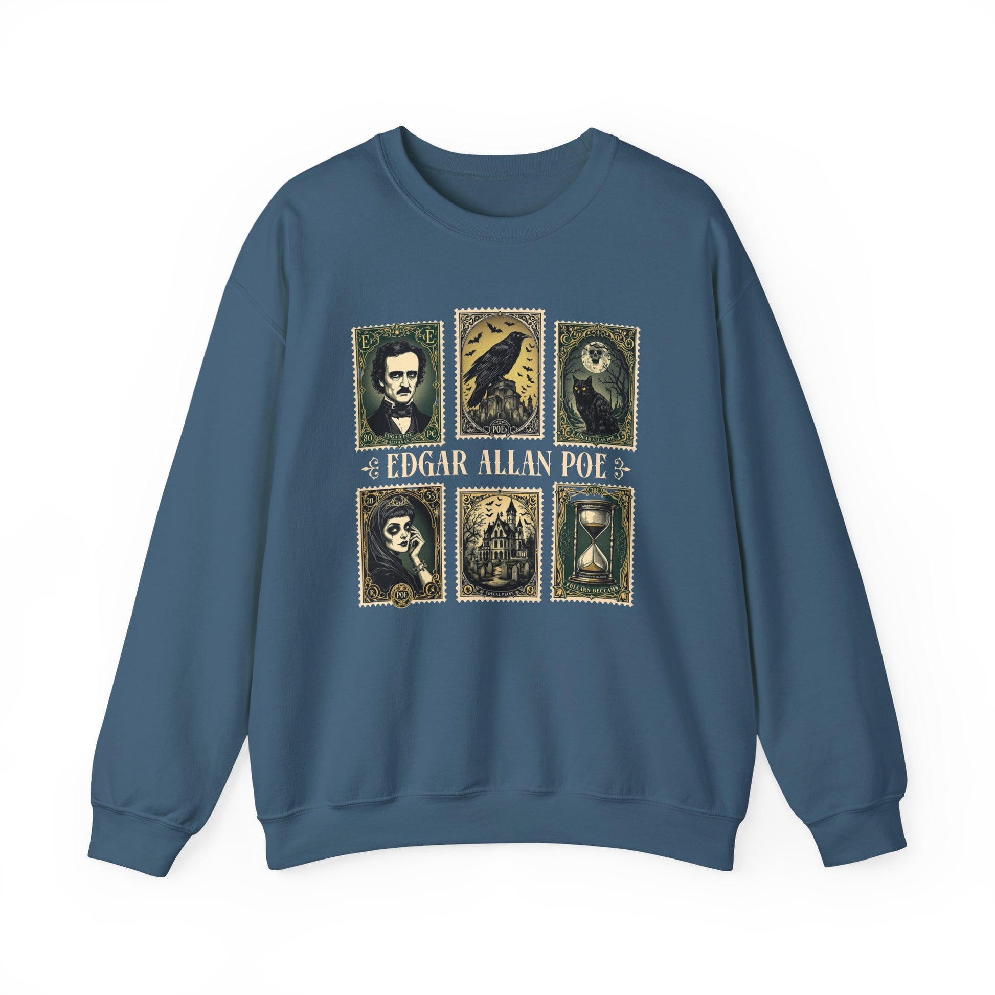 Edgar Allan Poe Sweatshirt The Raven Nevermore Gothic Horror Sweater Dark Academia Macabre Halloween Gift for Book Lovers Birthday Christmas Sweatshirt Printify Indigo Blue S