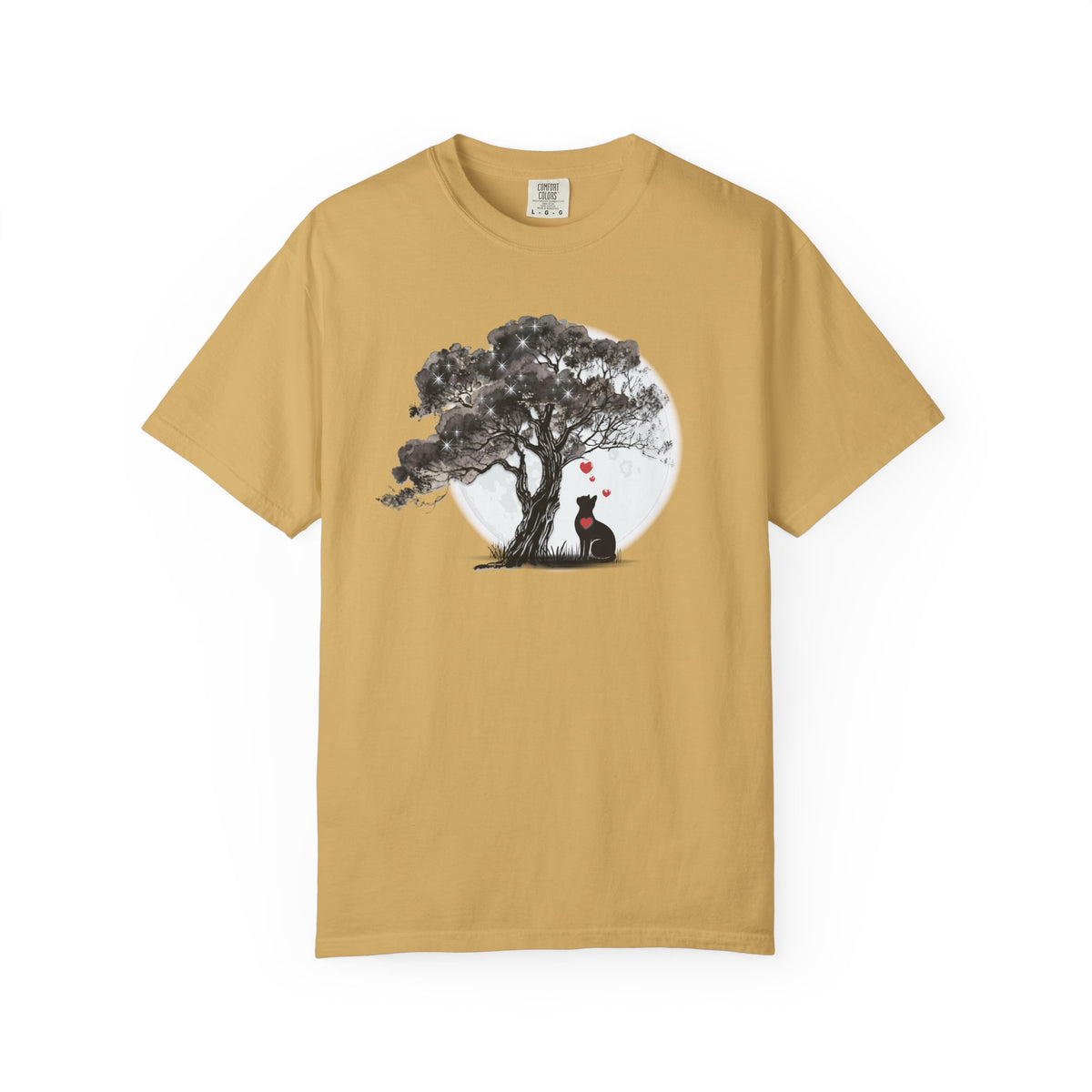 TREE MOON PET Black Dog Under Tree with Red Ball T-shirt | Dog Silhouette Nature Tee