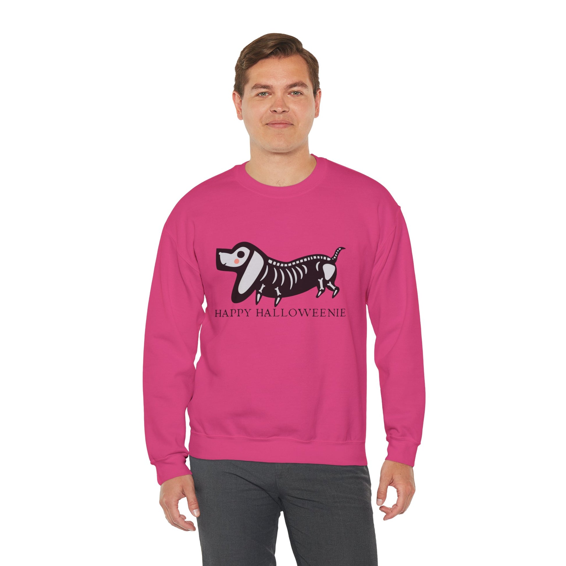 Funny Halloween Dachshund Lover Sweatshirt, Skeleton Dachshund Walking Graphic, Trick or Treat Shirt, Spooky Season, Happy Halloweenie Top Sweatshirt Printify   