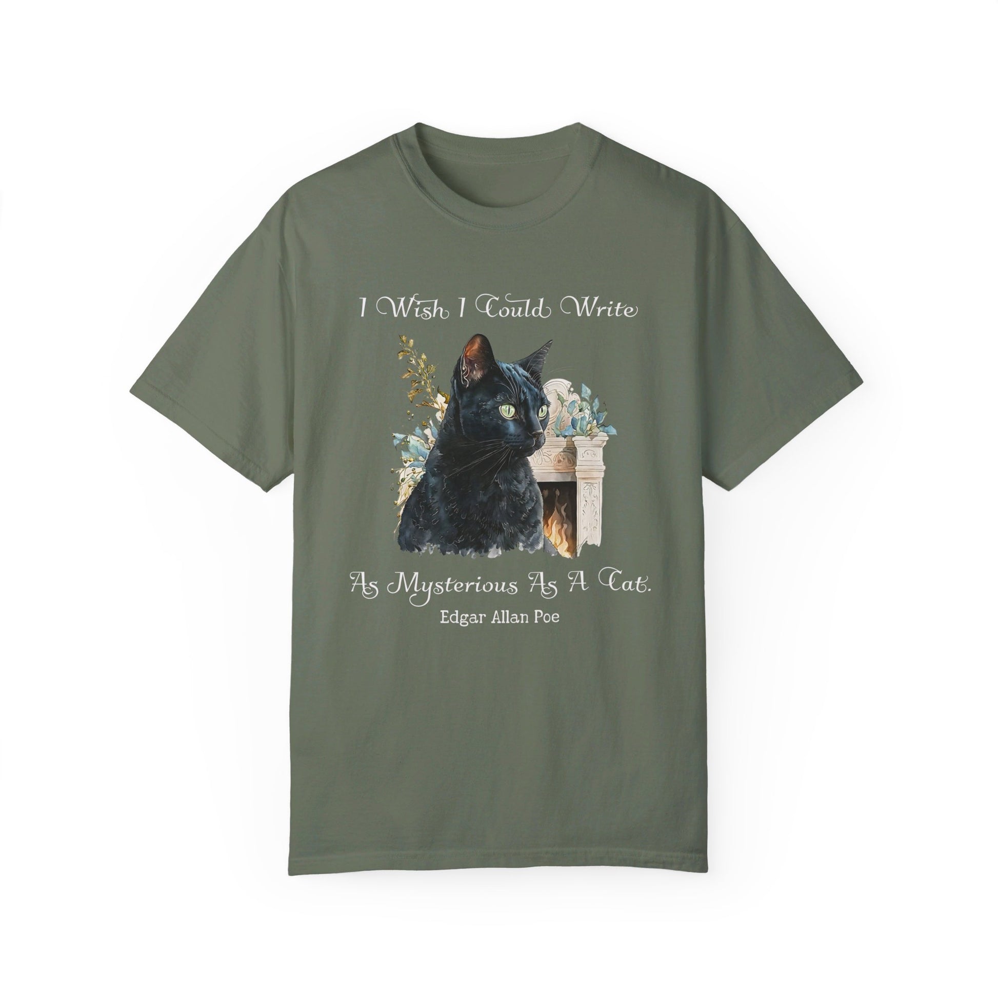 Edgar Allan Poe T-Shirt The Black Cat Nevermore The Raven Poe Fan Art Poetry Book Lover, Dark Cottagecore Macabre Gift, Light, Dark Academia T-Shirt Printify Moss S 