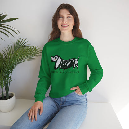 Funny Halloween Dachshund Lover Sweatshirt, Skeleton Dachshund Walking Graphic, Trick or Treat Shirt, Spooky Season, Happy Halloweenie Top Sweatshirt Printify   