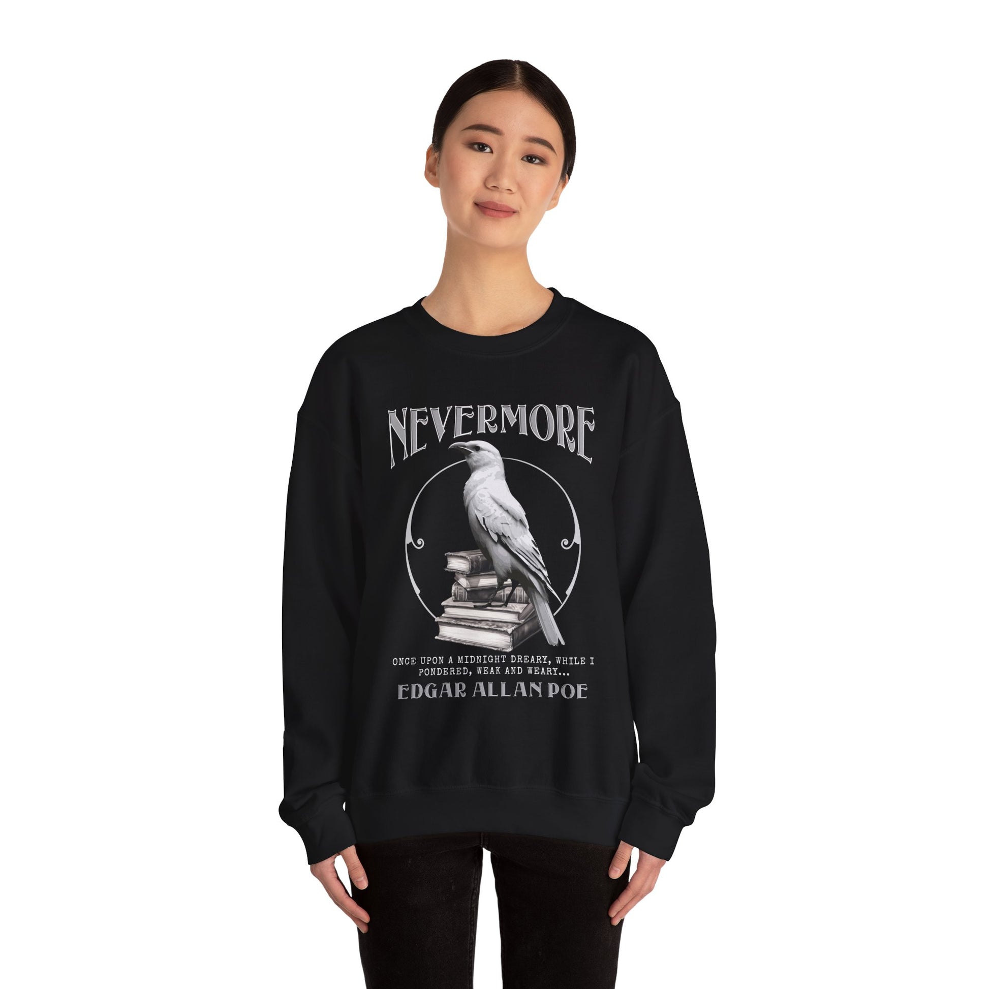 The White Raven Edgar Allan Poe Nevermore Sweatshirt Book Lover Halloween Haunting Gothic Gift Light Dark Academia Horror Movie Bookclub Sweater Sweatshirt Printify   