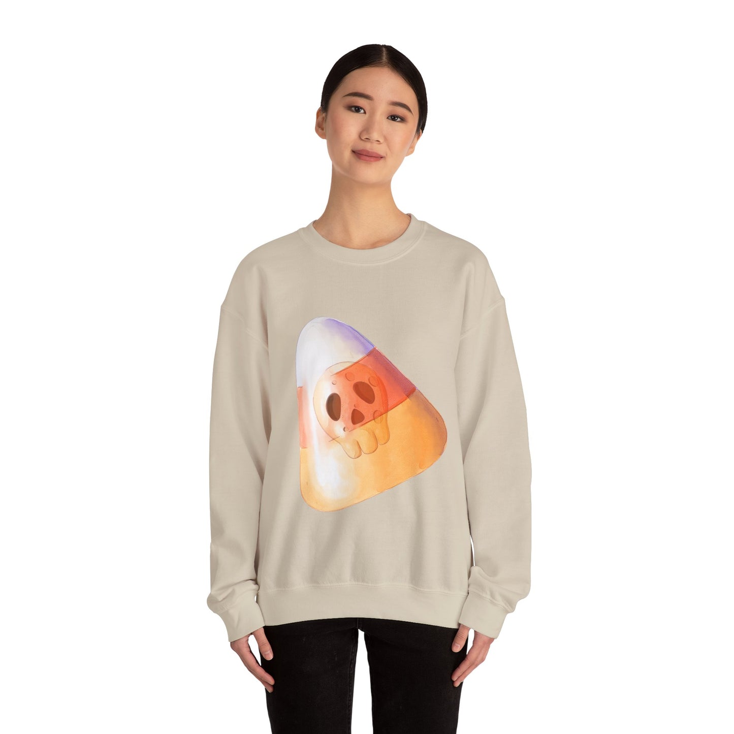 Halloween Candy Corn With Skull Face Sweatshirt, Trick or Treat Shirt, Spooky Ghost Season, Fun Halloween Fall Festival Party Sweater Sweatshirt Printify   