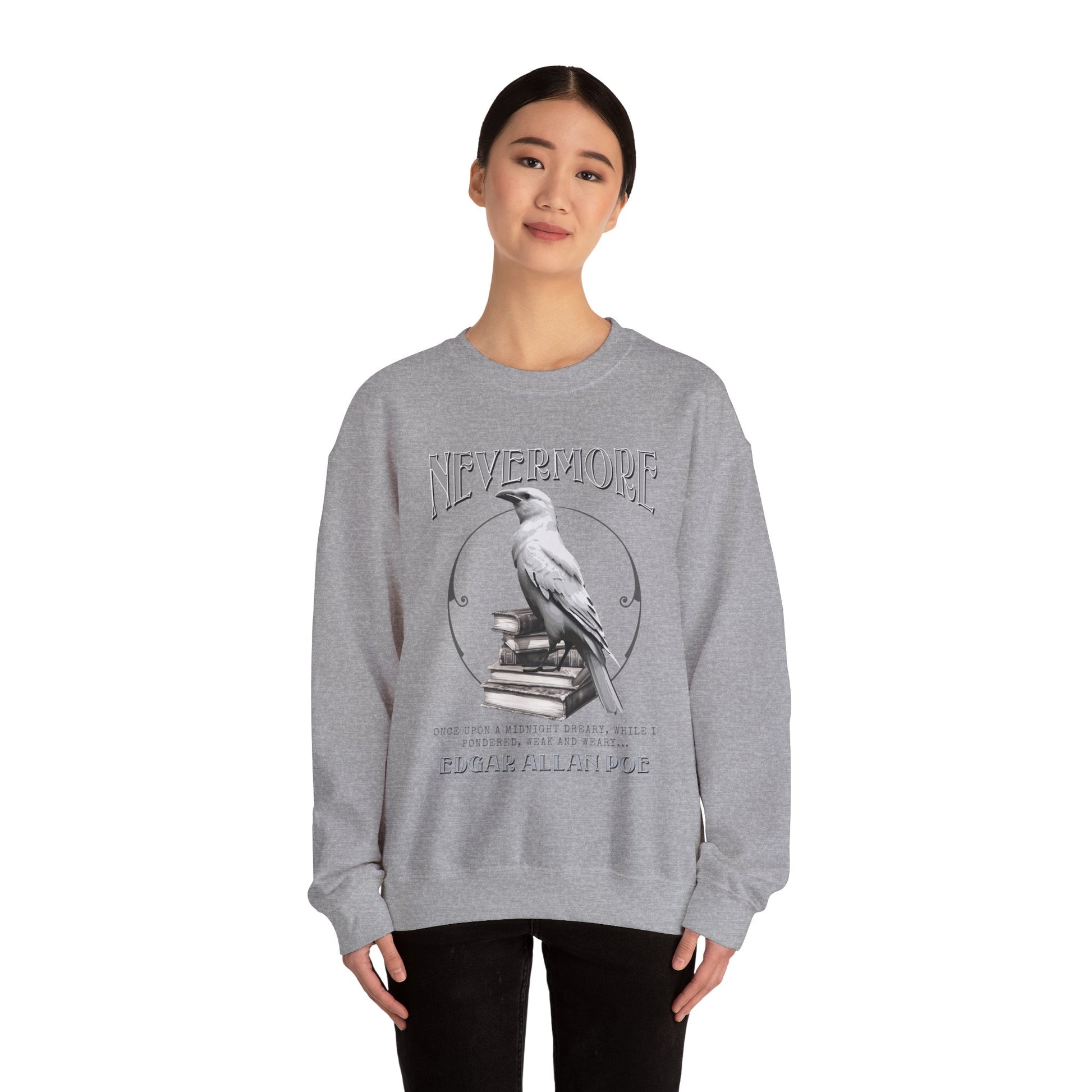 The White Raven Edgar Allan Poe Nevermore Sweatshirt Book Lover Halloween Haunting Gothic Gift Light Dark Academia Horror Movie Bookclub Sweater Sweatshirt Printify   