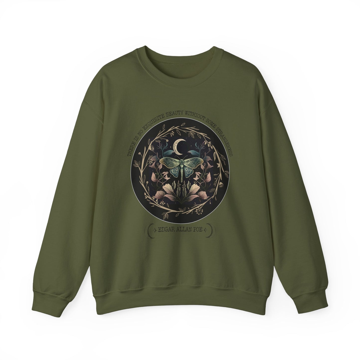 Edgar Allan Poe, Fairycore Night Garden Sweatshirt, Book Lover, Haunting Gothic Botanical Gift, Light, Dark Academia, Literature Sweater Sweatshirt Printify S Military Green 