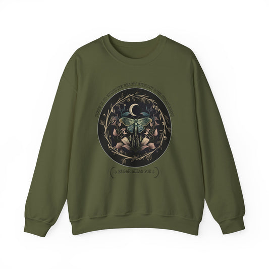 Edgar Allan Poe, Fairycore Night Garden Sweatshirt, Book Lover, Haunting Gothic Botanical Gift, Light, Dark Academia, Literature Sweater Sweatshirt Printify S Military Green 