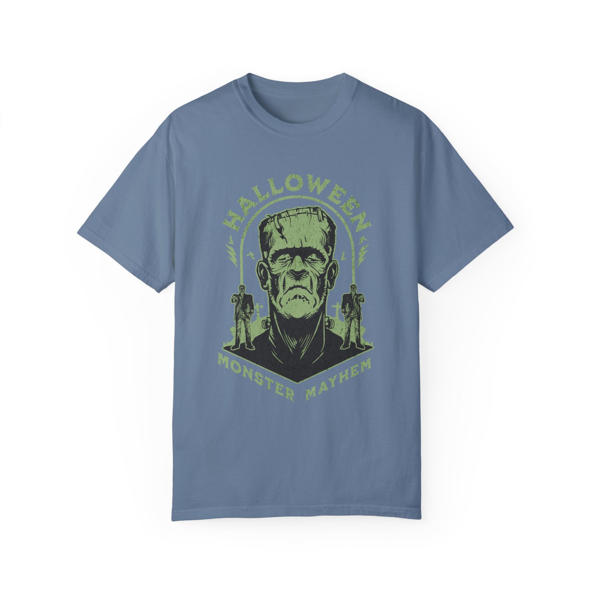 Vintage Halloween Frankenstein Monster Graphic Tee, Creepy Spooky Book Lover Gift, Horror Movie, Fall Festival Party Comfort Colors T Shirt. T-Shirt Printify Blue Jean S 