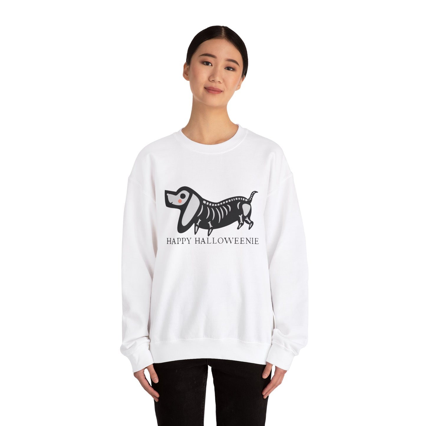 Funny Halloween Dachshund Lover Sweatshirt, Skeleton Dachshund Walking Graphic, Trick or Treat Shirt, Spooky Season, Happy Halloweenie Top Sweatshirt Printify   