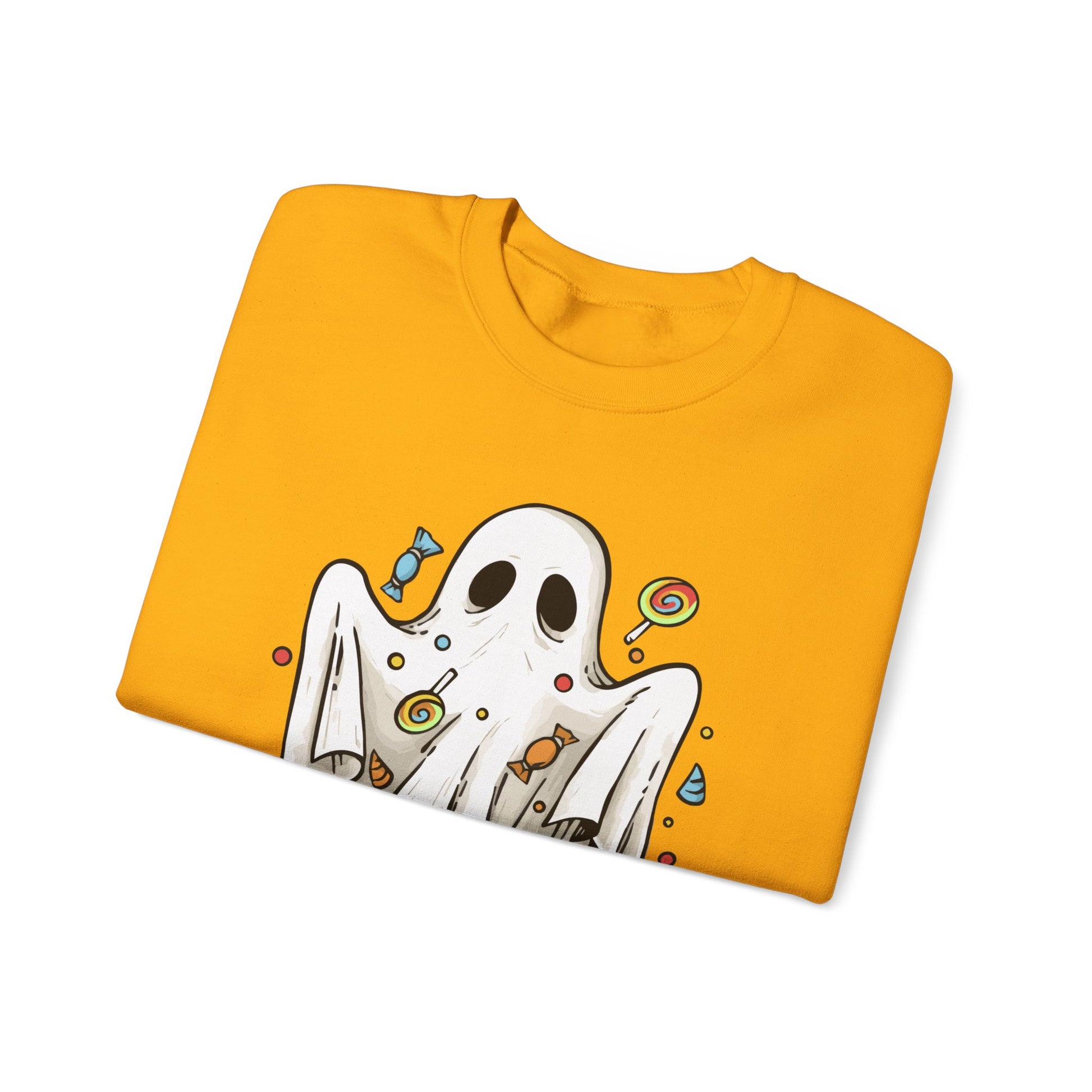 Cute Halloween Ghost Floating, Covered in Candy Sweatshirt, Trick or Treat Shirt, Spooky Ghost Season, Fun Halloween Party, Festival Sweater Sweatshirt Printify   